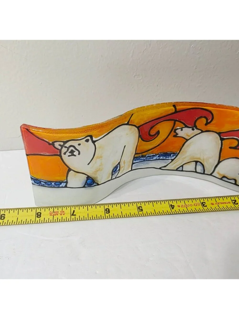 Hand Painted Pampeana Fused Glass Polar Bears Wave Plate Freestanding Home Decor